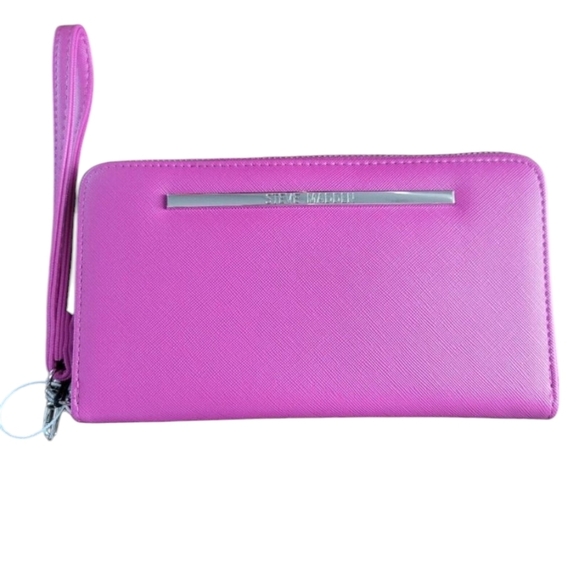 New Steve Madden Pink Hot Pink Wallet  Barbie Zip Around Wristlet Silver - Picture 1 of 5